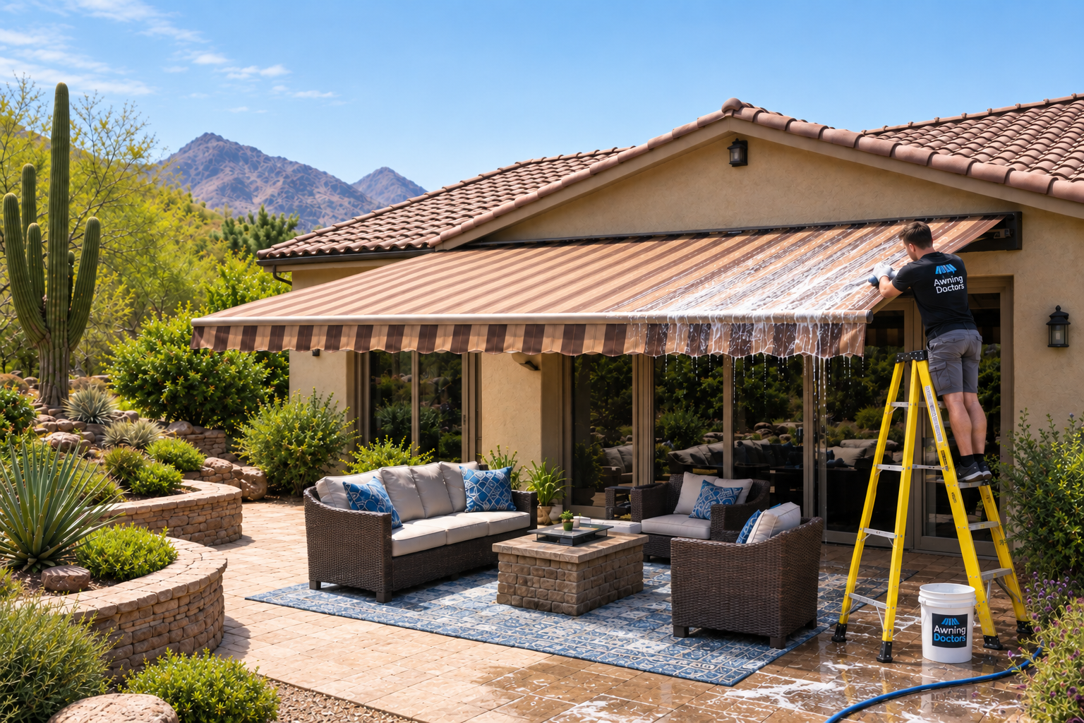 Awning Doctors technician cleaning a striped patio awning at a Tucson home